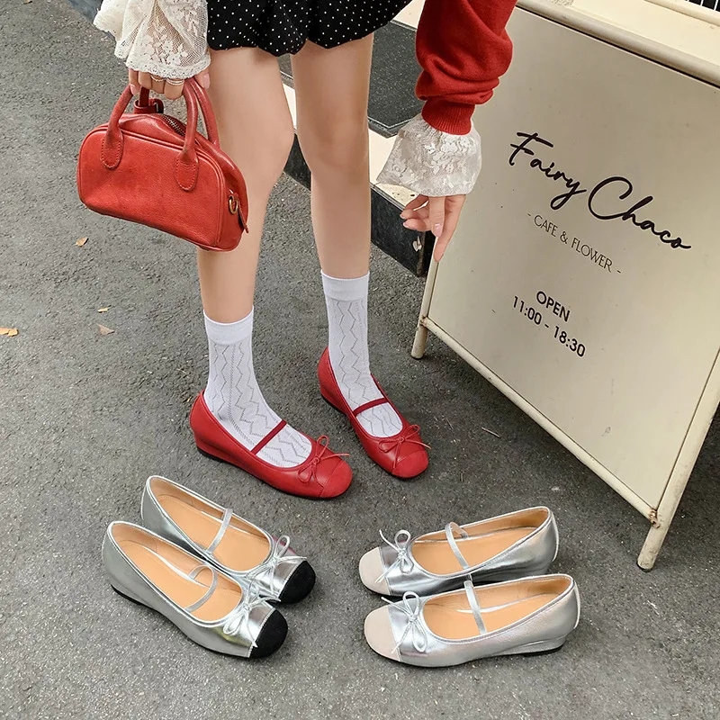 

Butterfly Knot Decoration Mary Jane Women Round Toe Shoes Shallow Fashion Wedges Solid Leather Luxury Zapatos Mujer Flat Dress