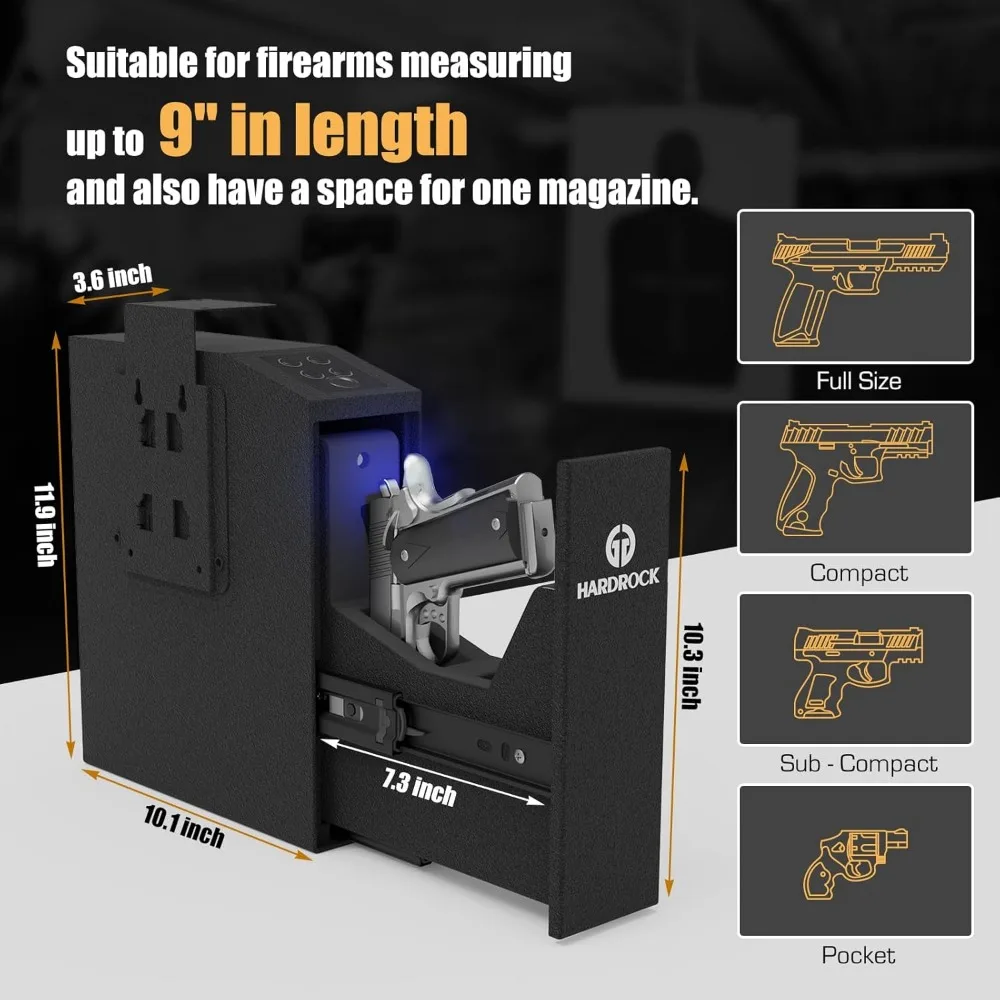 Gun Safe for Pistols, Biometric Wall Mounted Handgun Safe Box for Desk, Bedside,Truck，Drop Down Quick Access Security Safe with