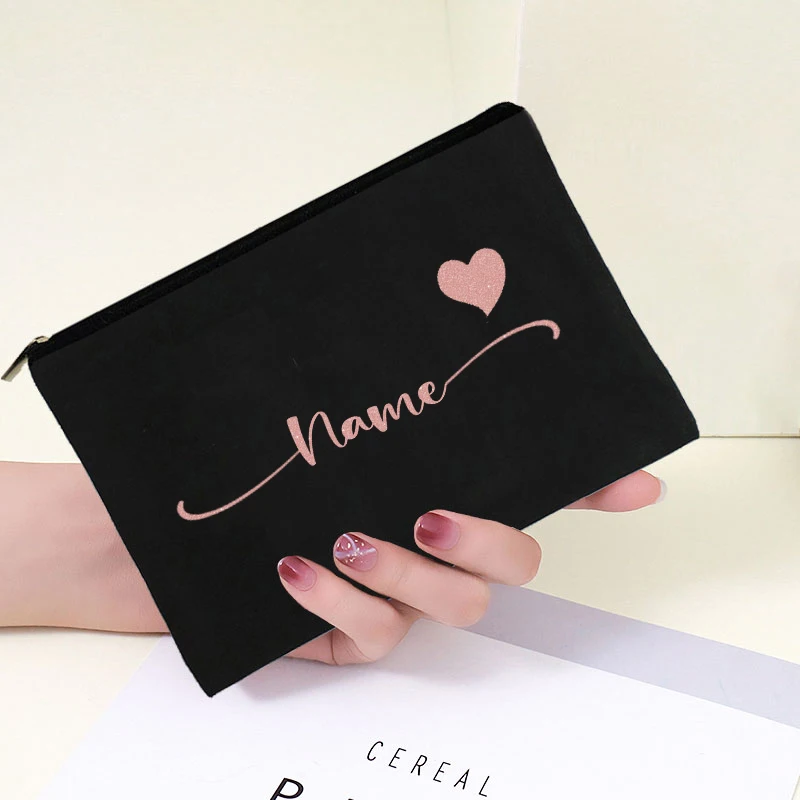 Love Customized Name Canvas Bags Simple Black Makeup Bag Organizer New Travel Perfume Lipstick Pouch Stationery Pencil Case Gift