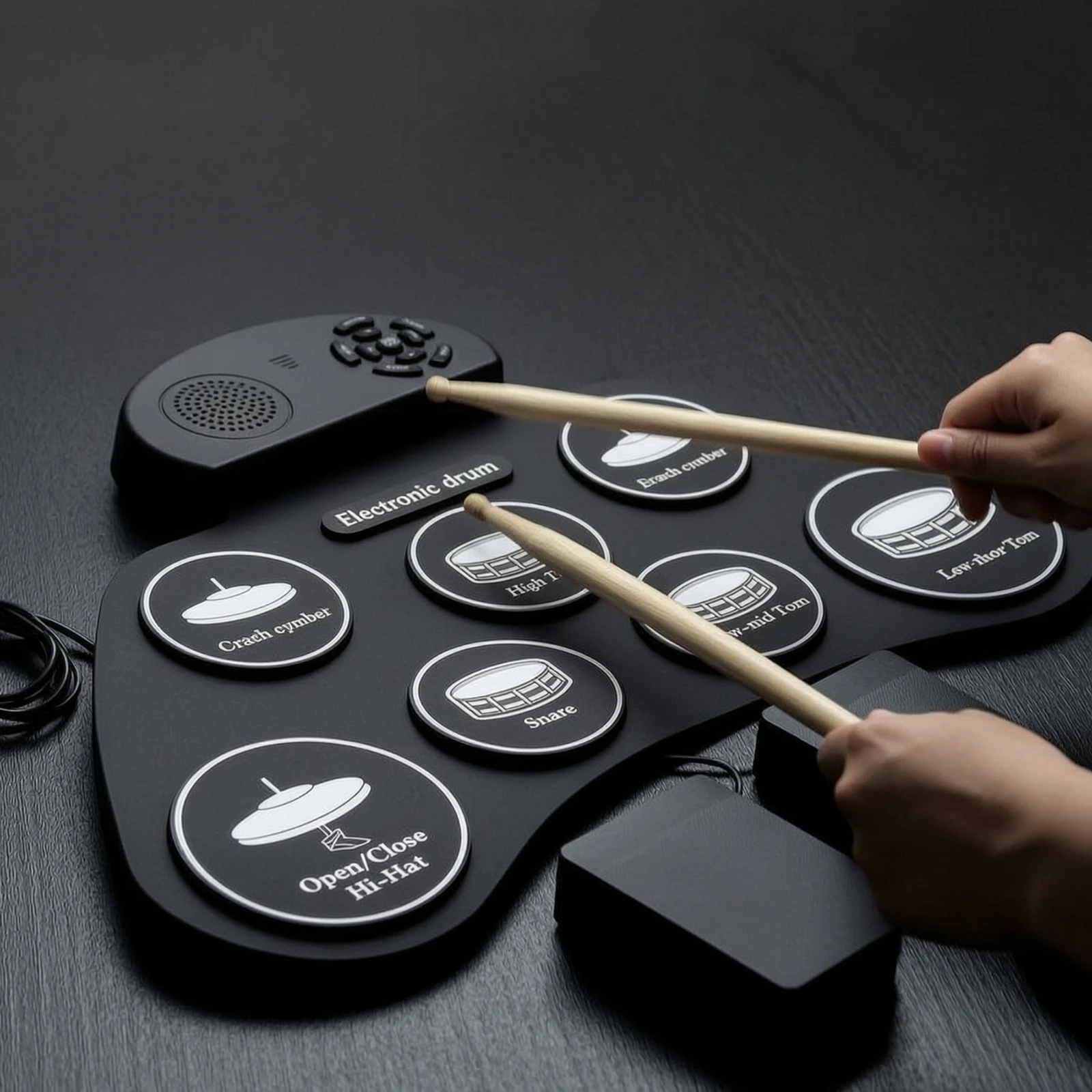 Tabletop Drum Pad with Pedals Quiet Electronic Drum Pad with Speaker for Beginners, Home Practice