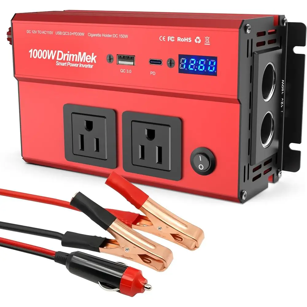 

1000 Watt Power Inverters 12V to 110V with Dual AC Outlets, 1000W Inverter 3.0A USB and Type-C, 12V Inverter Car Cigarette Light