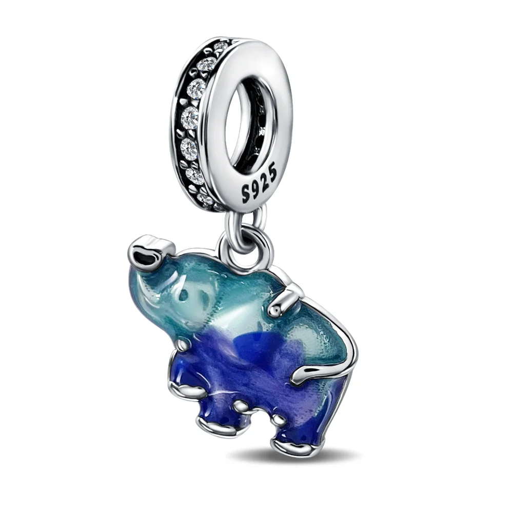 Beautiful 925 Sterling Silver Blue Murano Glass Elephant Dangle Charm Fit Pandora Bracelet Women's Zoo Play Jewelry Accessories