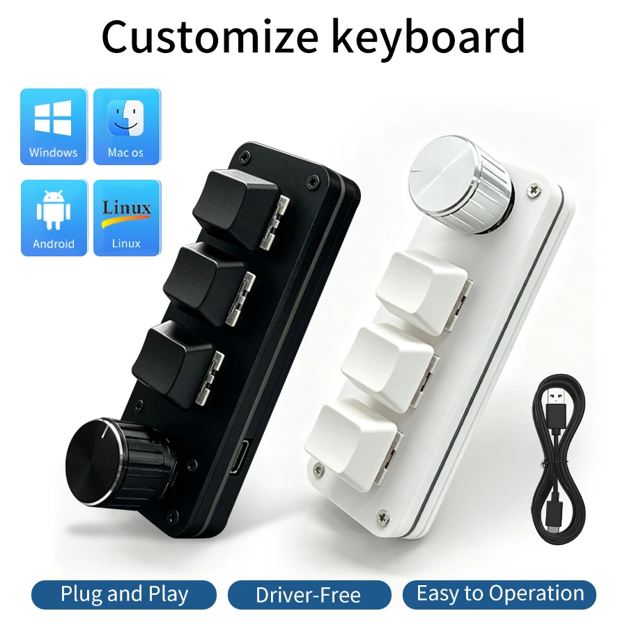 3 Keys 1 Knob Programmable Keypad Hotswap Mechanical USB C Macro Keyboard for Game Music Media Control Windows Linux Mac Android