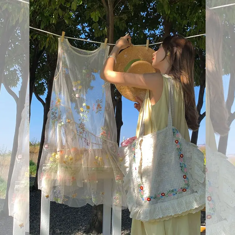 Mesh Borduren Mouwloze Jurken Vrouwen 2023 Zomer Losse Overlap Sheer A-lijn Vest Jurk Fee Zoete Strand Vestidos