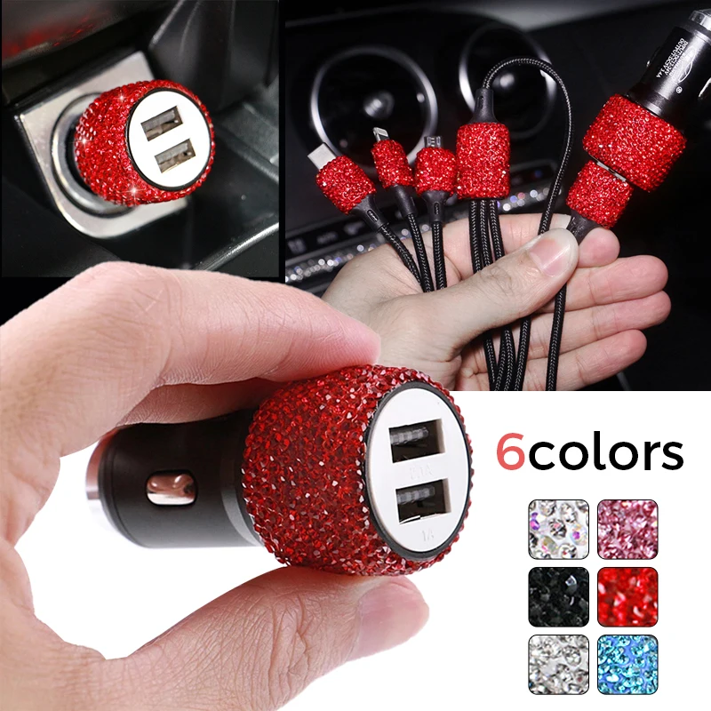 Bling Crystal 12V Car Charger Dual Port Fast Adapter Car Cigarette Lighter Extension Cord Car Accessories Interior Woman