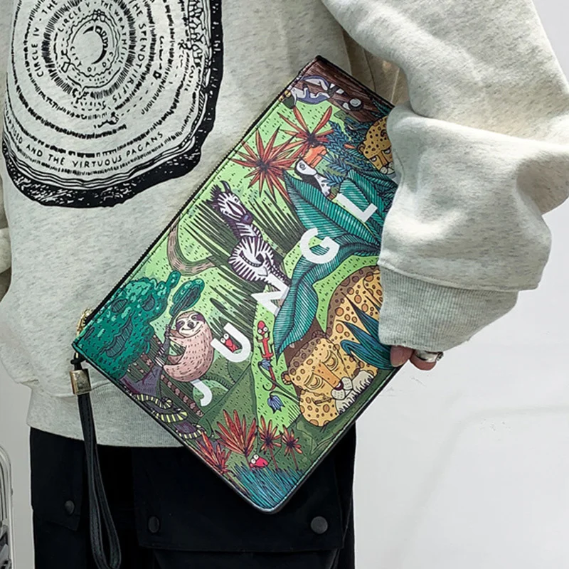 Bolso de mano con estampado Animal para hombre, de piel sintética cartera de mano de alta calidad, informal, para viaje, iPad, Unisex