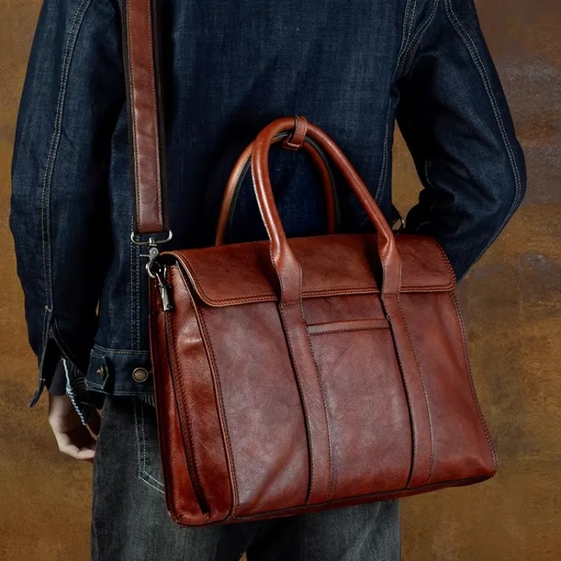 Handmade กระเป๋าถือหนังแท้ธุรกิจ Casual Premium Cowhide กระเป๋าเอกสารผู้ชายไหล่กระเป๋าคอมพิวเตอร์