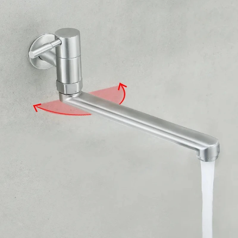 

Смеситель для кухни, вращение на 180 градусов, швабра для раковины, кран для бассейна, удлиненный настенный смеситель из нержавеющей стали, одинарный смеситель для холодной воды, серебристый