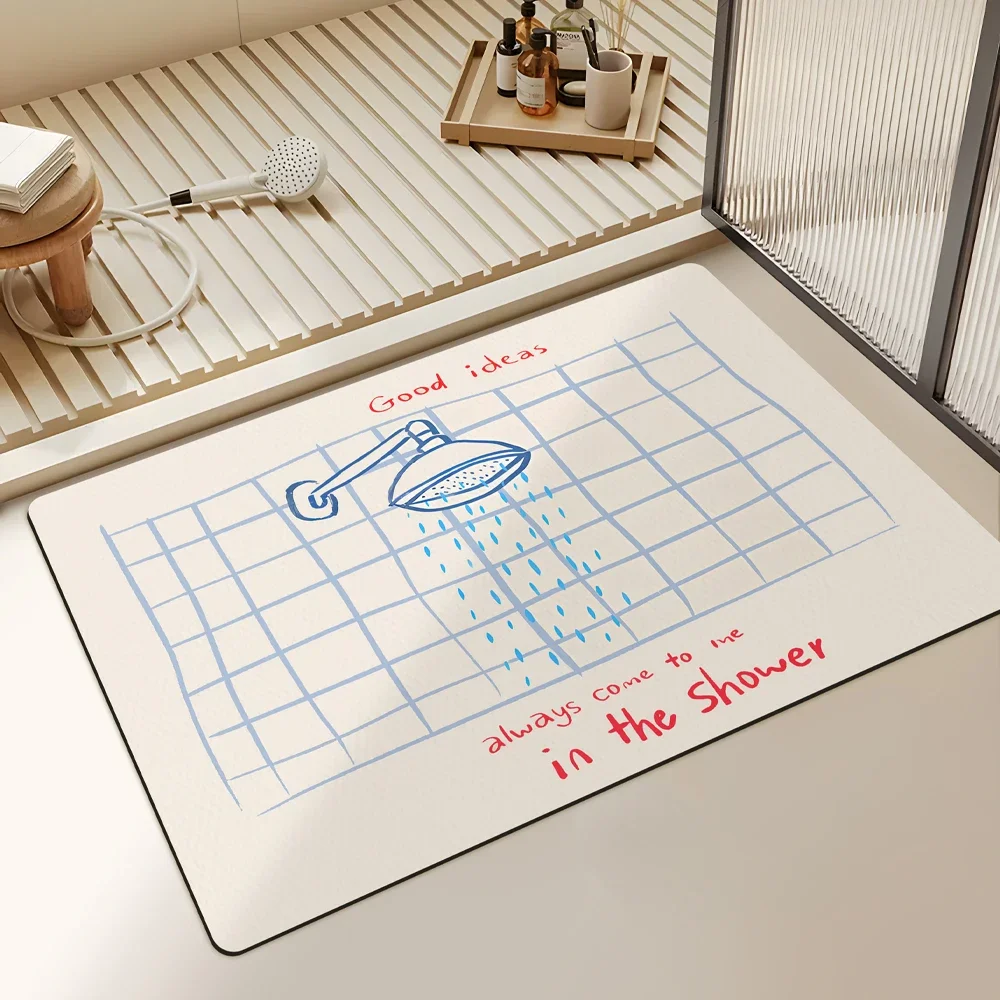 Witty Shower Theme Bathroom Mat Hand-Drawn Pattern Humorous Text Slogan Absorbent Non-Slip Quick Drying Bath Mat