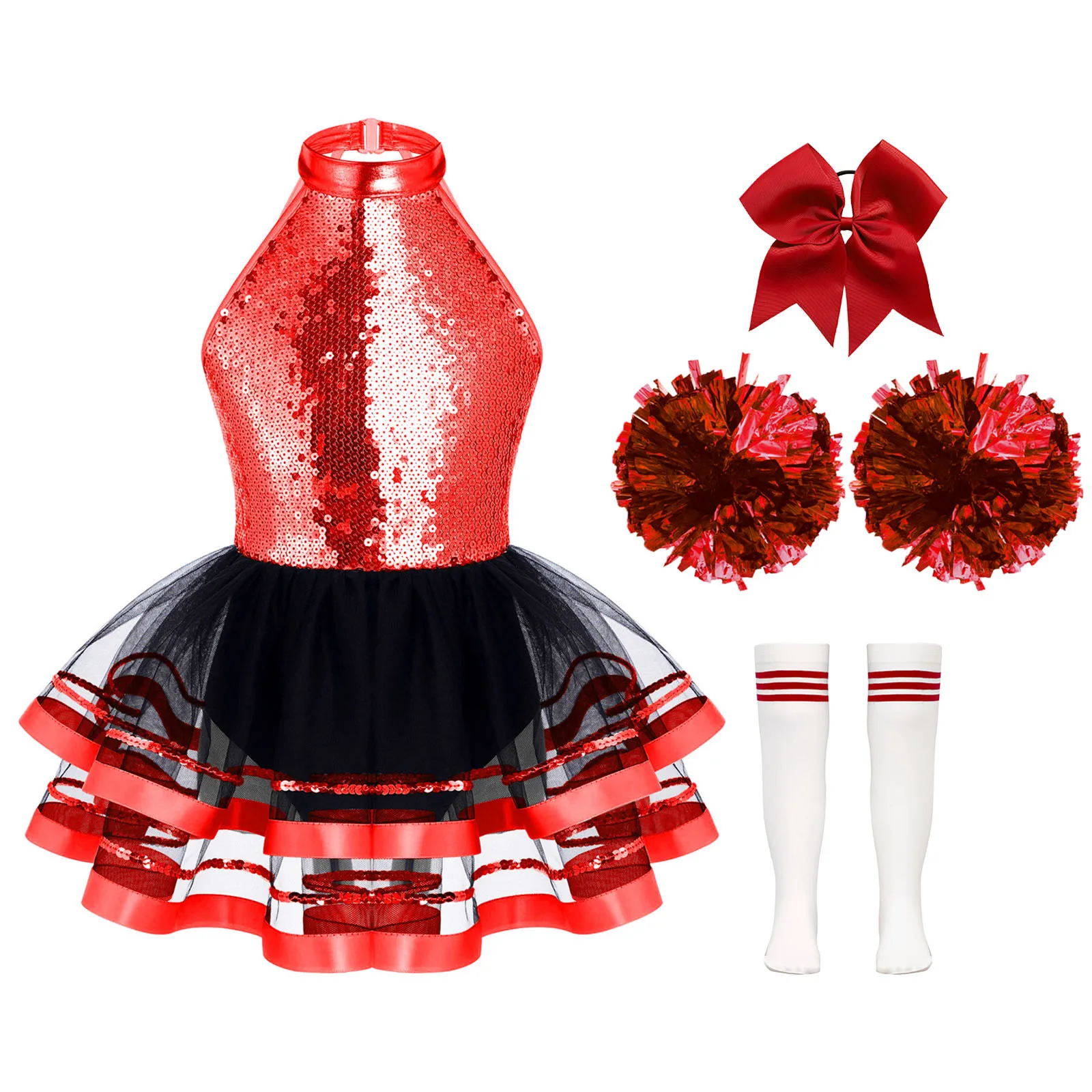 Kids Girls Cheerleader Tango Samba Dance Performance Outfit Sleeveless Sequins Tulle Tutu Dress with Flower Balls Headwear Socks