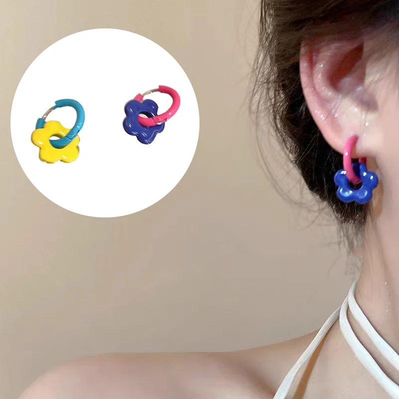1Pcs Colorful Enamel Flower Metal Alloy Ear Buckle Dopamine Sweet Earrings Girls Birthday Party Friendship Jewelry Gifts ﻿