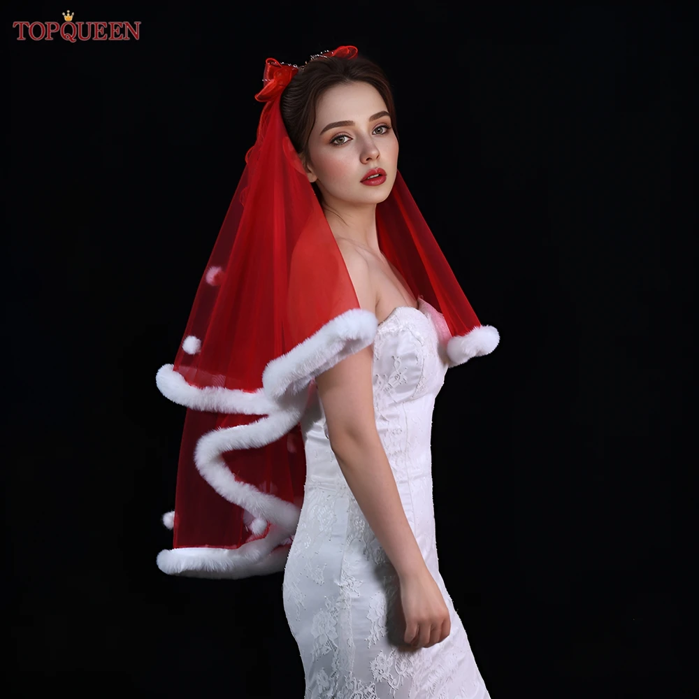 TOPQUEEN V258 Christmas Red Veil Wedding 2-Layer Fur Edge Party Gift Covered Blush Fingertip Off-White Bridal Veil Accessories