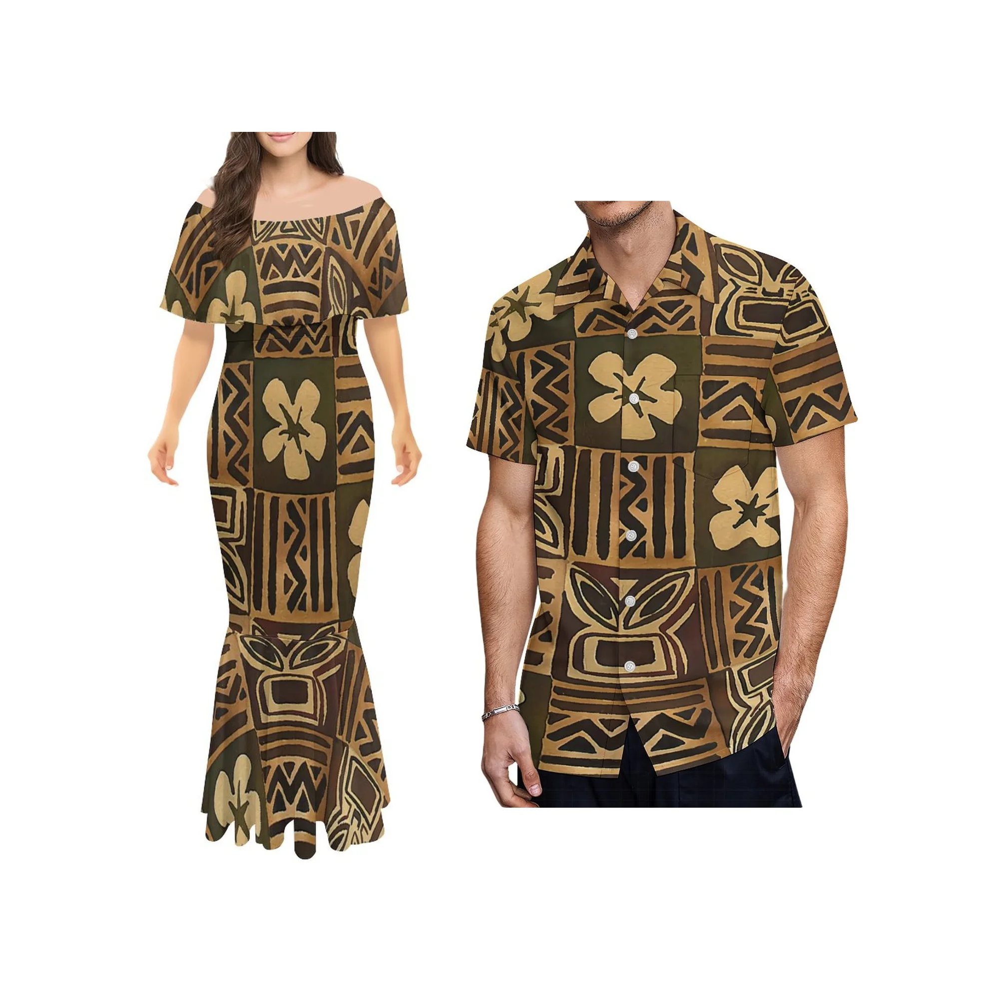 Manufacturer Custom Polynesian Tribal Printed Off Shoulder Mermaid Fishtail Dress Maxi Long Dress Shawl Evening Dress