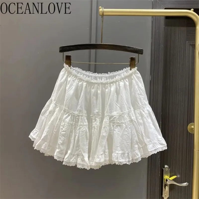 

OCEANLOVE женские юбки с кружевными оборками, однотонная весна-лето, милая мини-юбка в стиле ретро, корейская мода, тонкая высокая талия, элегантная Jupe Femme