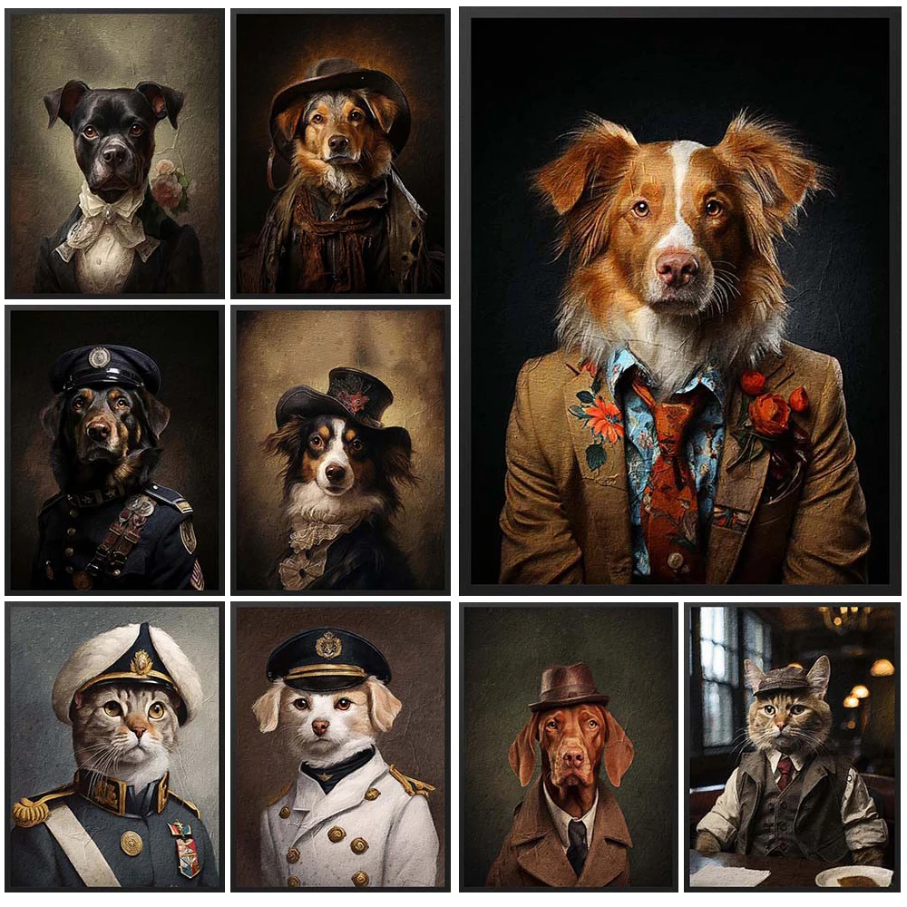 

Custom Dog Gentleman Cat Animals Portrait Wall Pictures For Living Room Poster Wall Art Canvas Painting Home Decor Unframed
