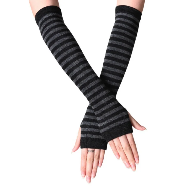 1 Pair Fall Winter Lovely Knitted Open Finger Half Finger Wrist CoverUnisex Long Fingerless Gloves Gloves Arm Cover Striped Cott