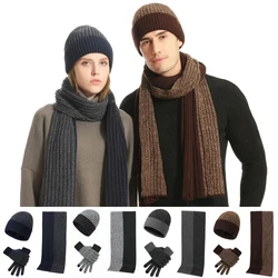 Knitted Men Women Beanie Gloves Scarf Set Unisex Male Woolen Yarn Muffler Spring Fall Contrast Color Hat Autumn Winter Keep Warm