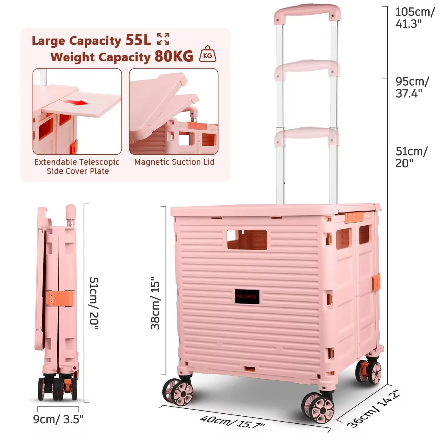 SELORSS 55L Large Capacity Foldable Utility Cart with  Lid with °Rotate Wheels Noiseless  Shopping  Office