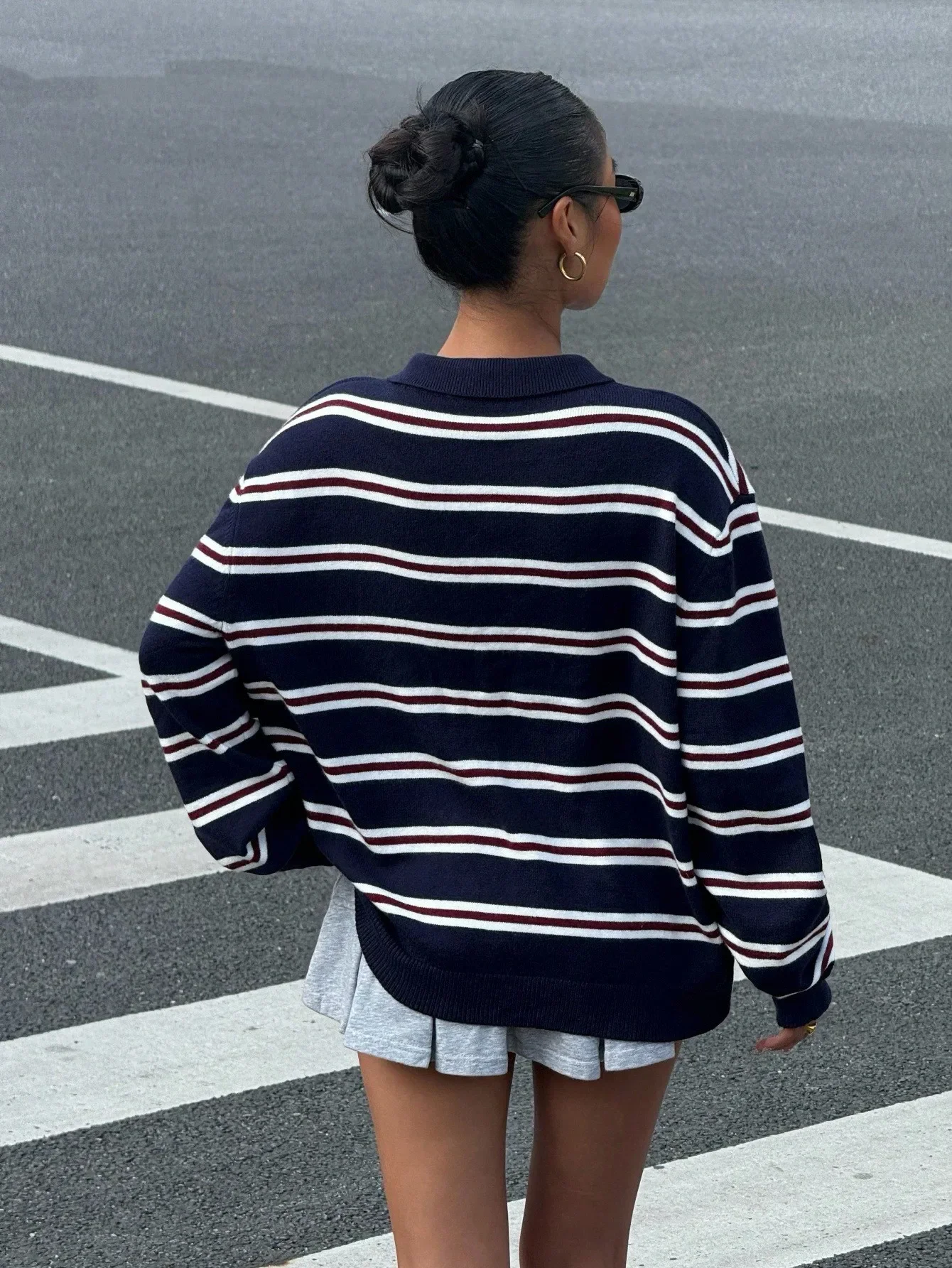 Womens Oversized Knit Polo Sweater 90s Retro Rugby Blokecore Aesthetic Long Sleeve Pullover Jumper Top Burgundy Sky Blue Horizontal Striped Contrast White Lapel Collar Drop Shoulder Slouchy Loose Fit For Fall Winter Campus Daily Outfits Christmas Gift