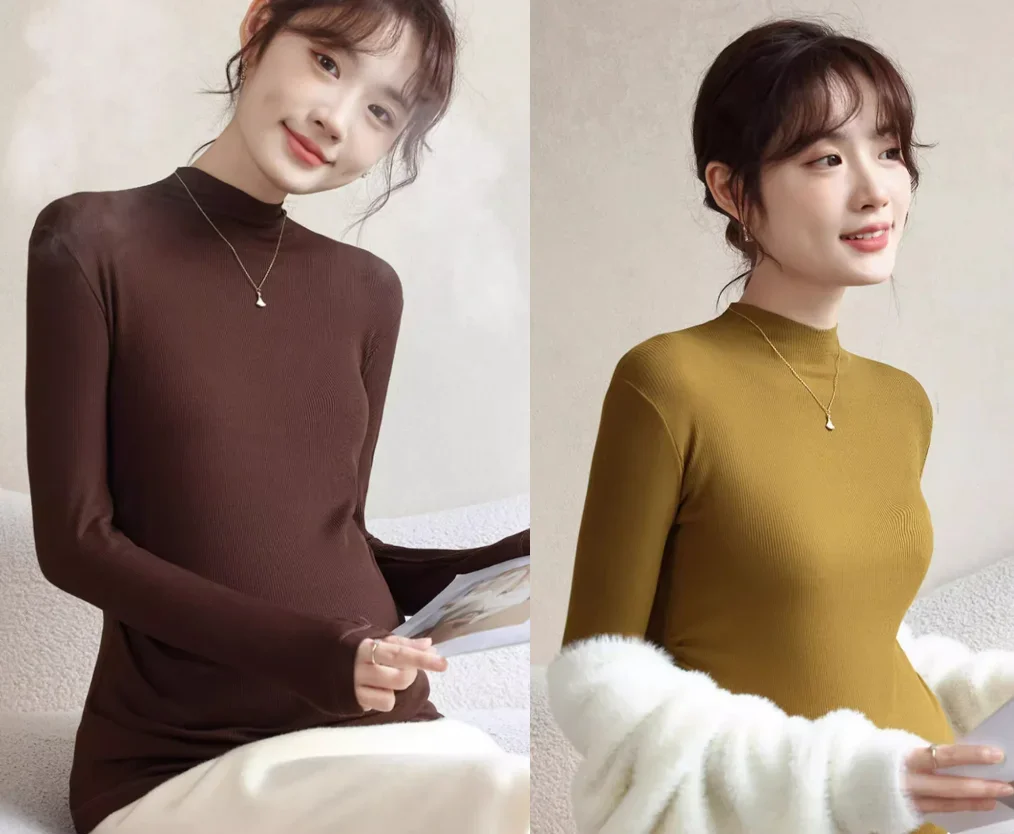 Women Maternity Modal Long Sleeve Shirts Fleece Lined Basic Layering Slim Fit Pregnancy Thermal Underwear Tops Autumn Winter