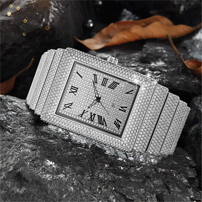 Men Big Brand Luxury Rectangle Watches Fashion Casual Alloy Band Hip Hop Diamond Golden Date Quartz Watch DZ Relogio Masculino