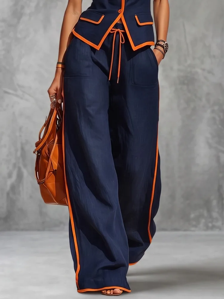 Yeezzi Women Contrast Color Wide Leg Matching Pants Drawstring Elastic High Waist Pockets Casual Office Loose Trousers Bottoms