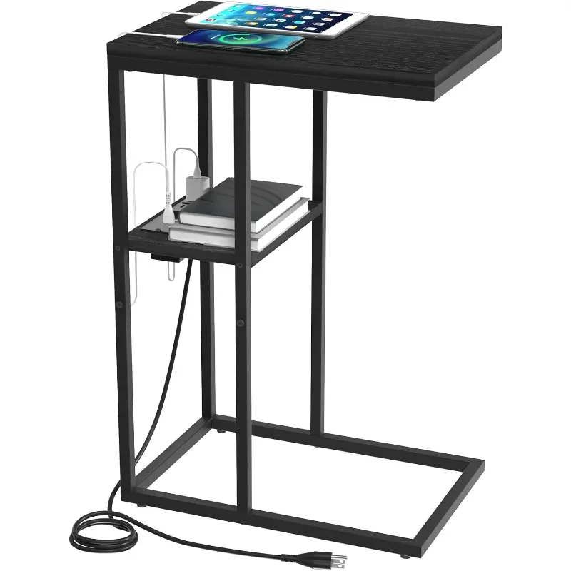 C Shaped End Table with Charging Station for Living Room, Bedroom, Sofa Table with USB Ports and Outlets for Small Space