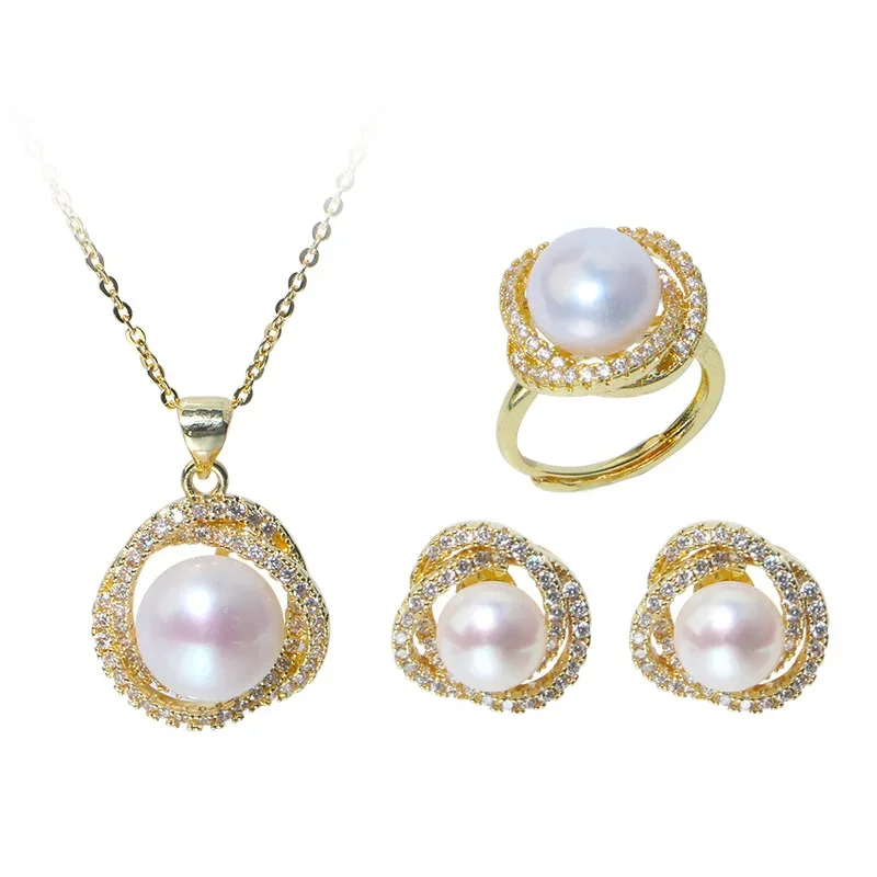 New Inlaid zircon Pearl Necklace Ring Earrings Three-piece Set for Women Stylish Daily Accessories Party Jewelry Birthday Gifts