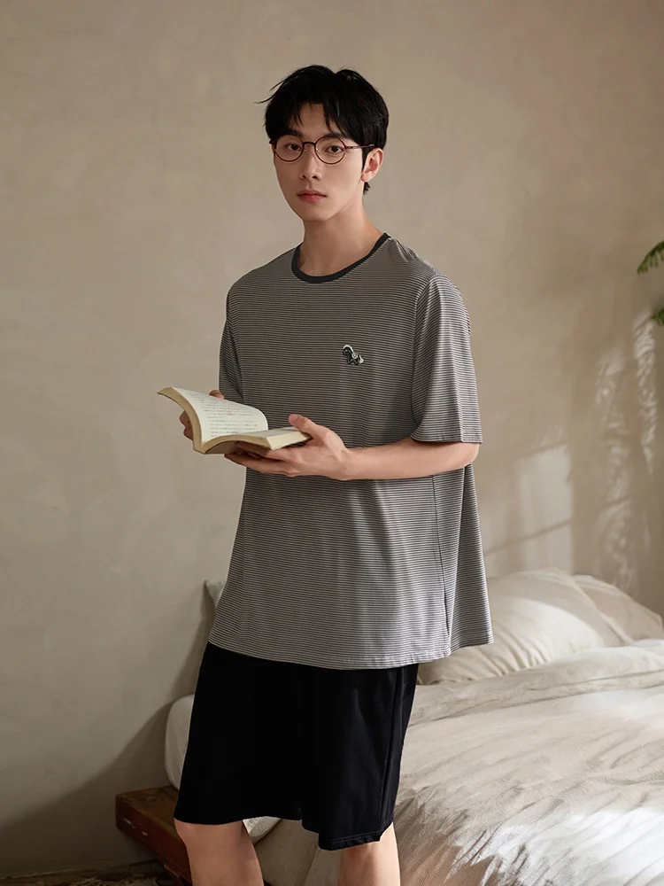 shaqian-new-men's-summer-thin-modal-cotton-cool-stripe-short-sleeve-shorts-ice-silk-home-clothes-sleepwear-casual-style-round