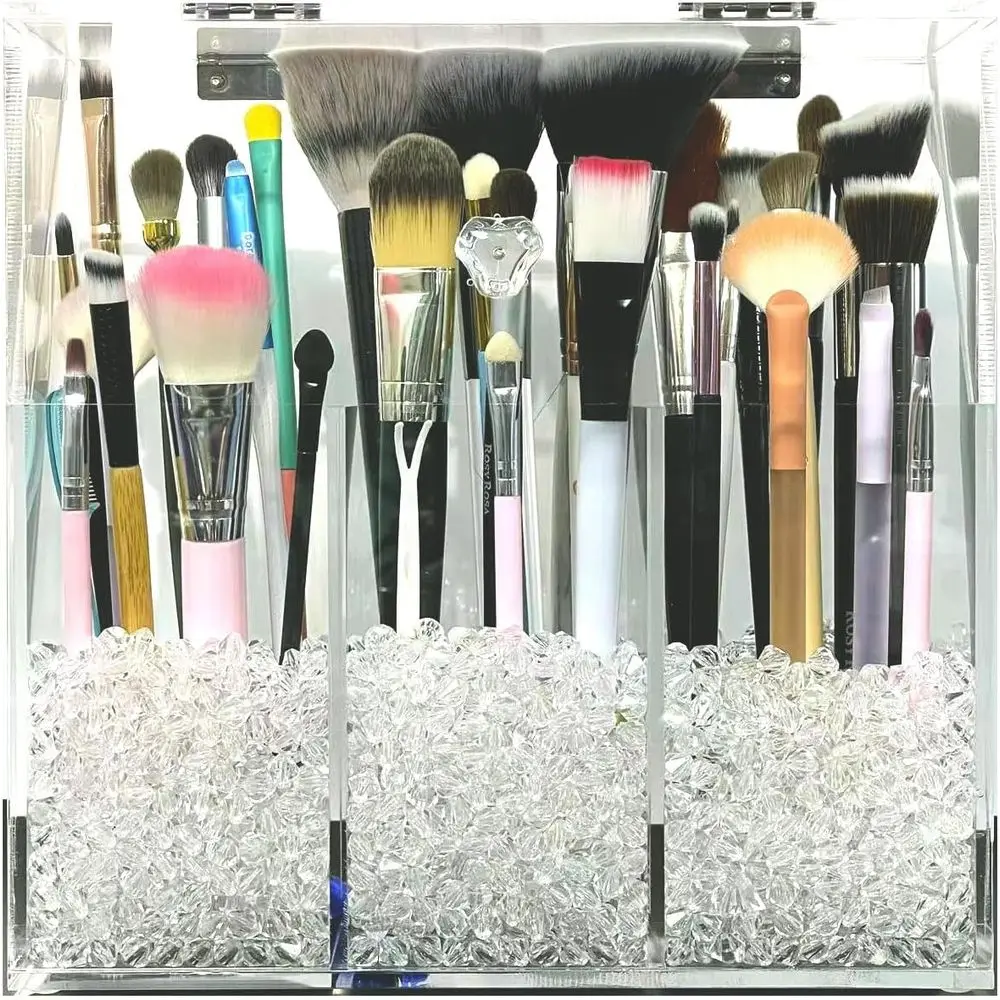 

Large-Capacity Acrylic Cosmetic Organizer with 3 Brush Holders and Dust Cover, Includes 3 Transparent Pearl Bags for Desk Organi