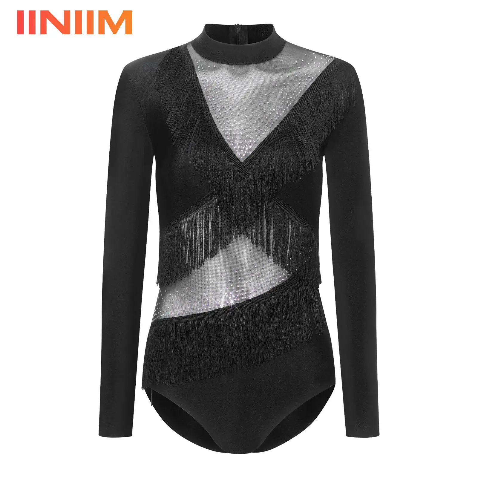 

Женский костюм для латиноамериканских танцев с бахромой и стразами, танцевальный наряд для танго с длинными рукавами, молния на спине, костюм для выступлений в бальных залах