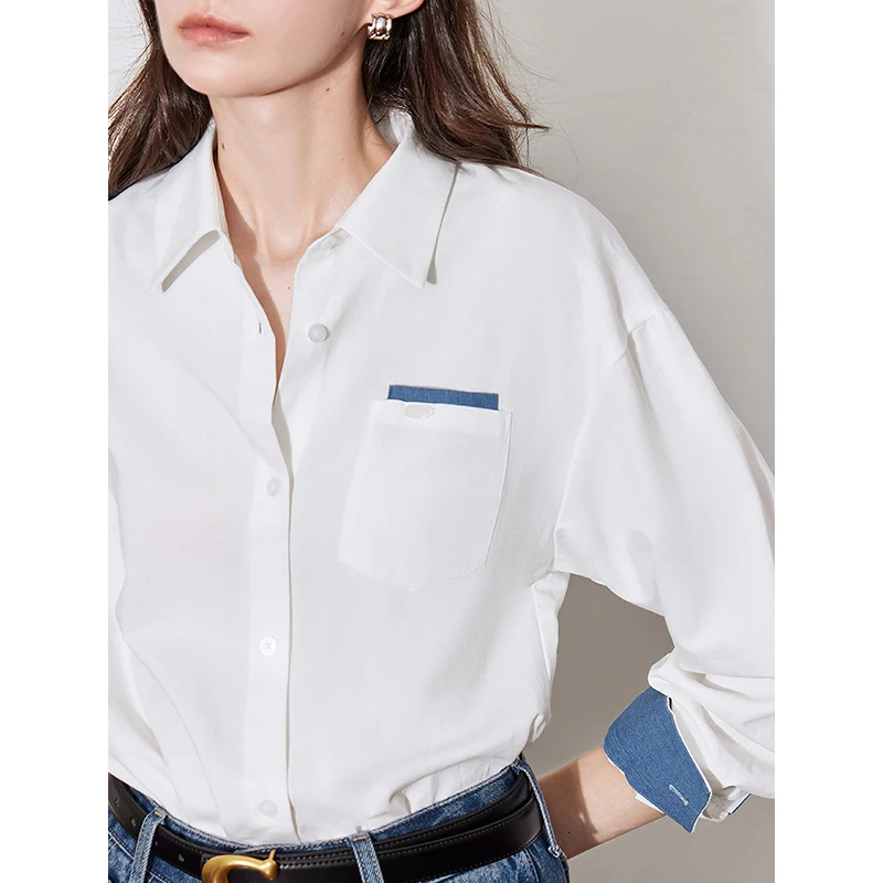 TOYOUTH Women Blouse Shirt 2024 Autumn New Pocket Design Contrasting Color Turn Down Collar Long Sleeve Casual Shirt Tops