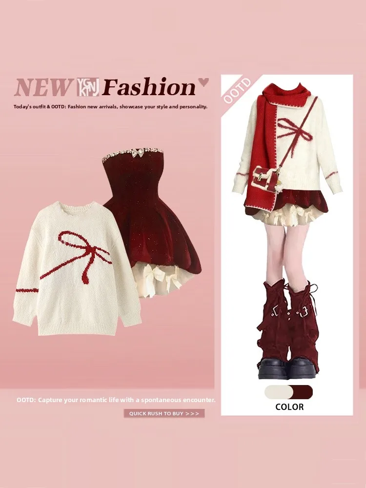 

Faionable Knot Knitted Sweater And Puffy Skirt Set Women's Winter High Waist ort Skirt Ele Sle Ensemble