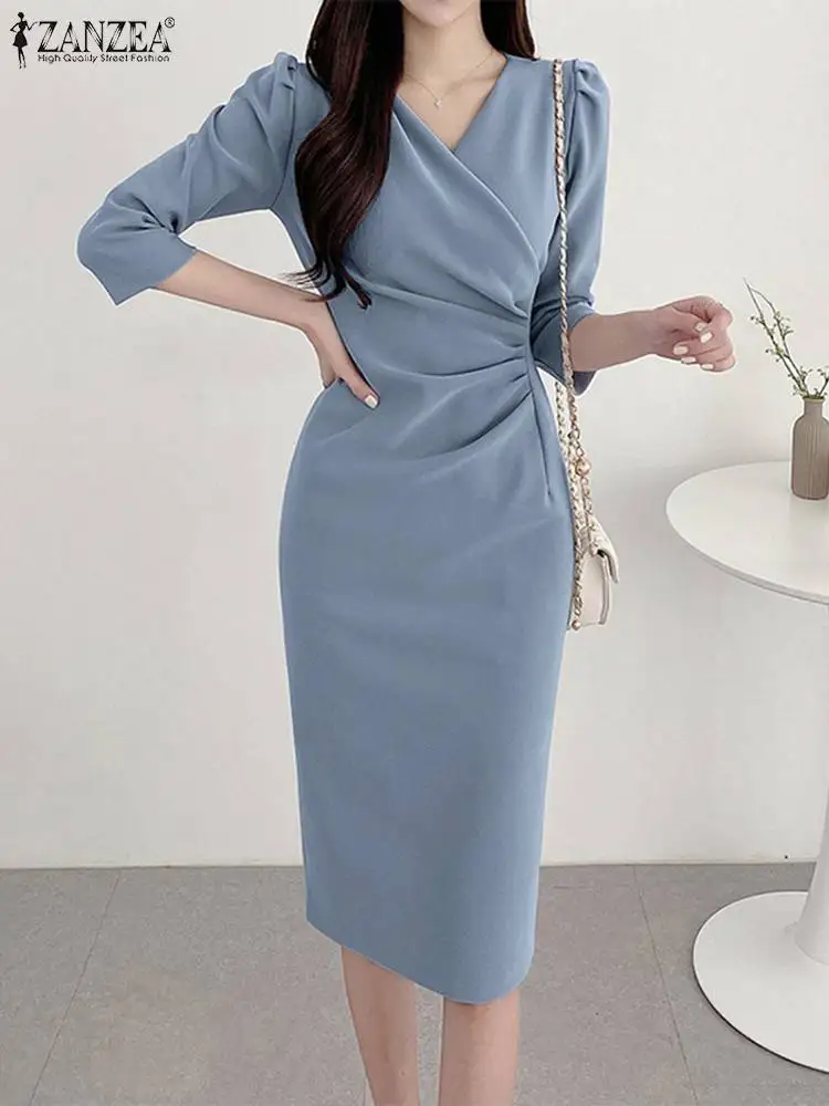 ZANZEA Women’s Sexy V-Neck Bodycon Party Dress, Ruched Waist Knee Length Dress 3/4 Sleeve, Summer Elegant Office Work Robe Femme - Image 2
