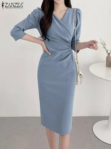 Imagen 2 del producto ZANZEA-vestido veraniego a la moda para mujer, vestido Sexy de Color sólido hasta la rodilla, vestido veraniego ajustado, elegante, manga 3/4, cuello en V, Vestidos OL de trabajo 2025