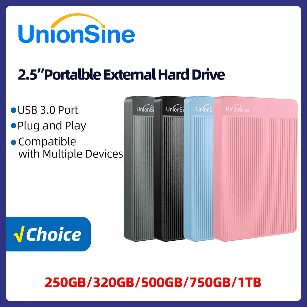 

UnionSine 2,5-дюймовый портативный внешний жесткий диск 1 ТБ/500 ГБ/750 ГБ USB3.0 для хранения данных, совместимый с Mac/Desktop/PC/PS4/Xbox/TV