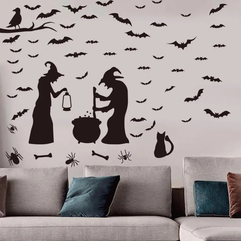 Bat Window Clings Halloween Witch Wall Sticker Set with Bat Spider Black Cat Decals for Home Office Room Bedroom Decoration Pvc