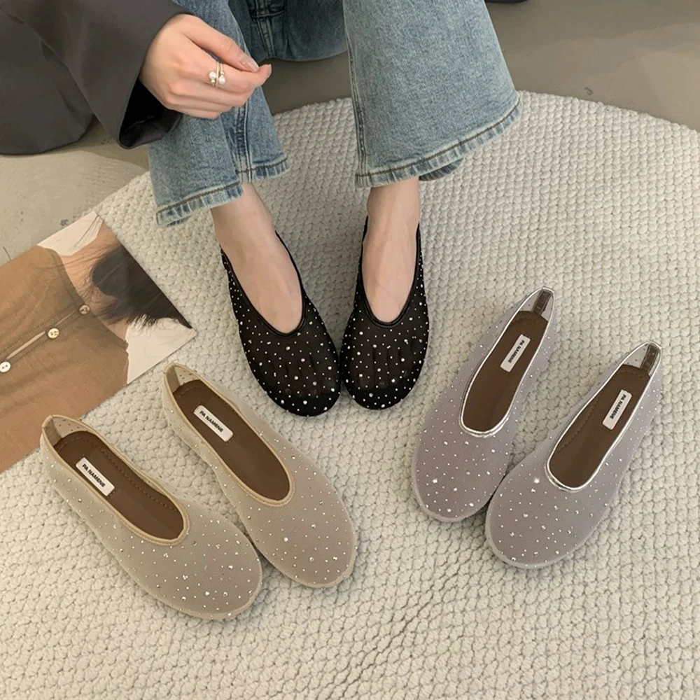 

Crystal-Embellished Mesh Flats Rhinestone Ballet Flat Slip On Round Toe Ballerina Shoes Comfortable Casual Gauze Tulle Shoes