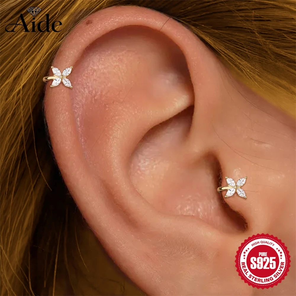 AIDE 925 Sterling Silver Petal Four-leaf Clover Horse Eyes CZ For Women Classic Cartilage Ear Clip Daily Wear Wedding Party Gift