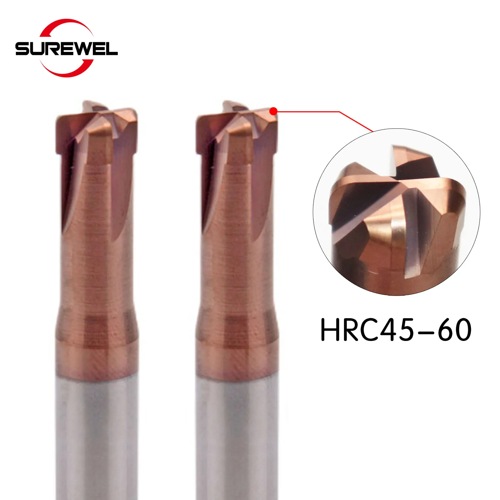 SUREWEL HRC60 คาร์ไบด์ Quenching วัสดุ Hi-Feed เครื่องตัด CNC เครื่องมือเหล็กทังสเตน Endmill 6R1.5 8R2 12R2 เครื่องจักรกลหยาบ