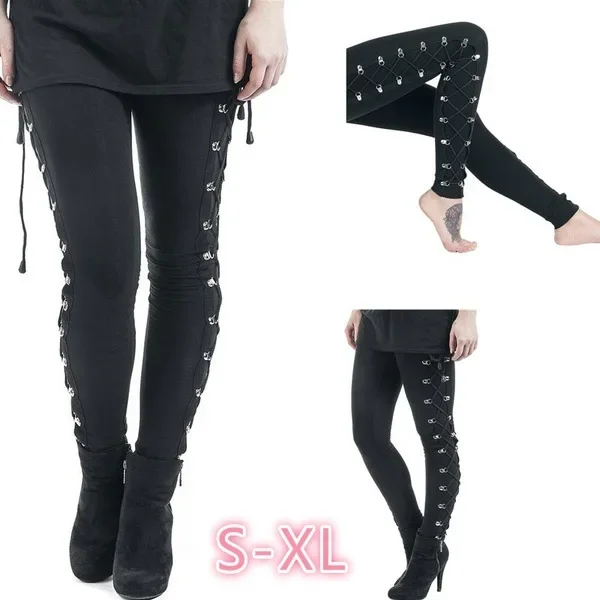 Gothic Punk Lace-Up Leggings Lift High Waist Pants European & American Casual Cropped Pencil Tights Women's Fashion Trousers