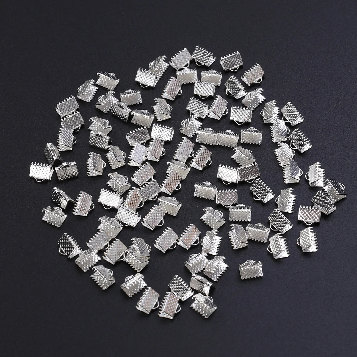 100 PCS Plated Ribbon Ends Crimp Fastener Clasps Fasteners Mazi Buckles Textured Clamps Cord Silver