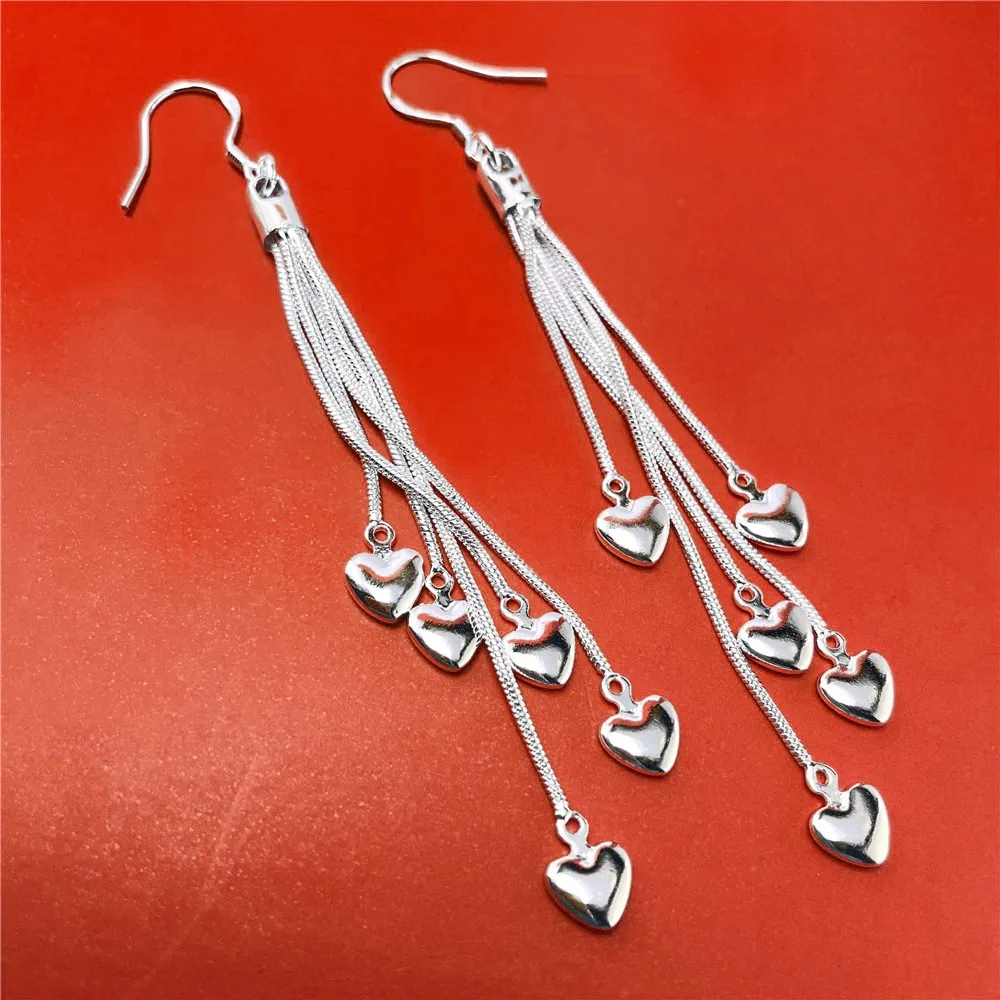 Charms Women's 925 Sterling Silver 70MM Upper Tassel Heart Earrings For Fashion Girlfriend Wedding Jewelry Gifts Accessories