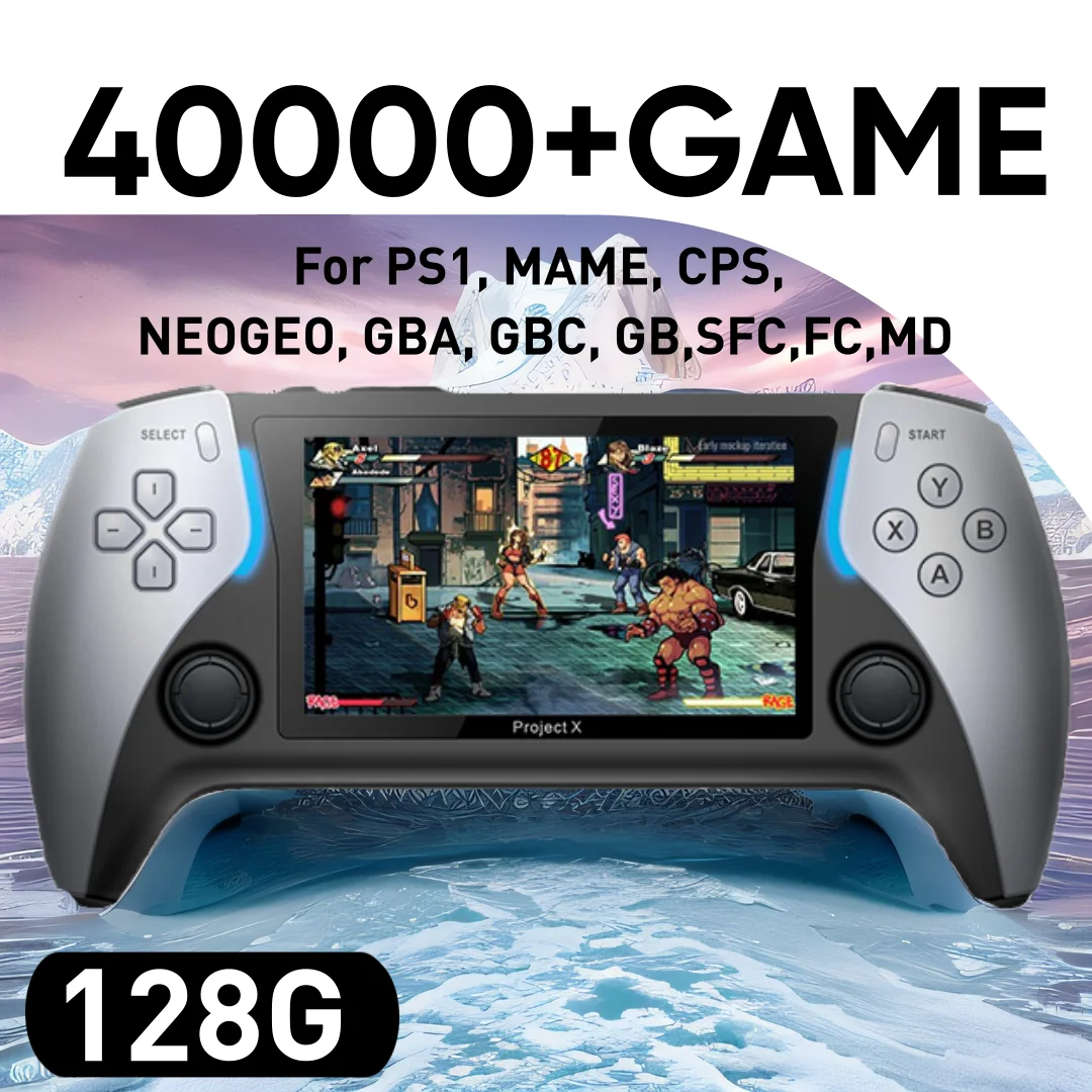 40000+Game in Your Pocket New Project X Portable Pocket Video Game Console 128G 4.3” IPS Screen Dual Speaker Stereo Support PS1