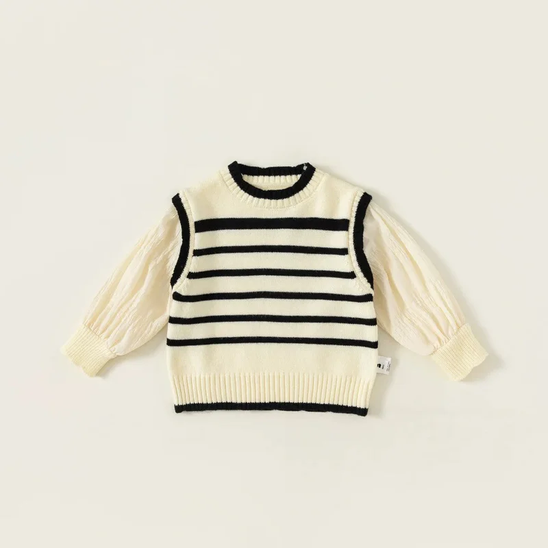 

Осенний полосатый свитер для девочек, искусственная детская одежда из двух предметов, вязаный свитер, детский милый топ с объемными рукавами