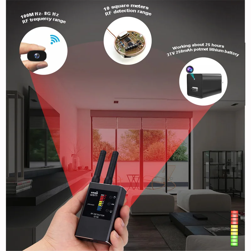 G738 RF Detector Radio Spy Camera Finder GPS Tracker lnfrared Scanning Smart Strong Magnetic Detection Hidden Device Detector