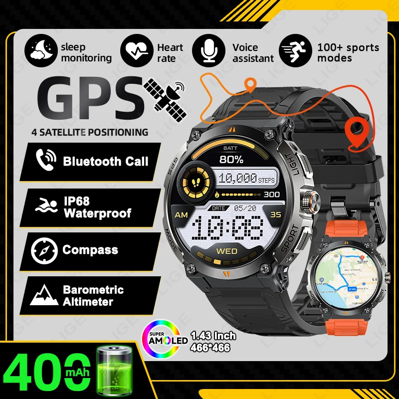 

LIGE New Professional GPS Sports Smart Watch Outdoor RIDE Run Men Watches Compass Altimeter IP68 400mAh AMOLED BT Call Bracelets