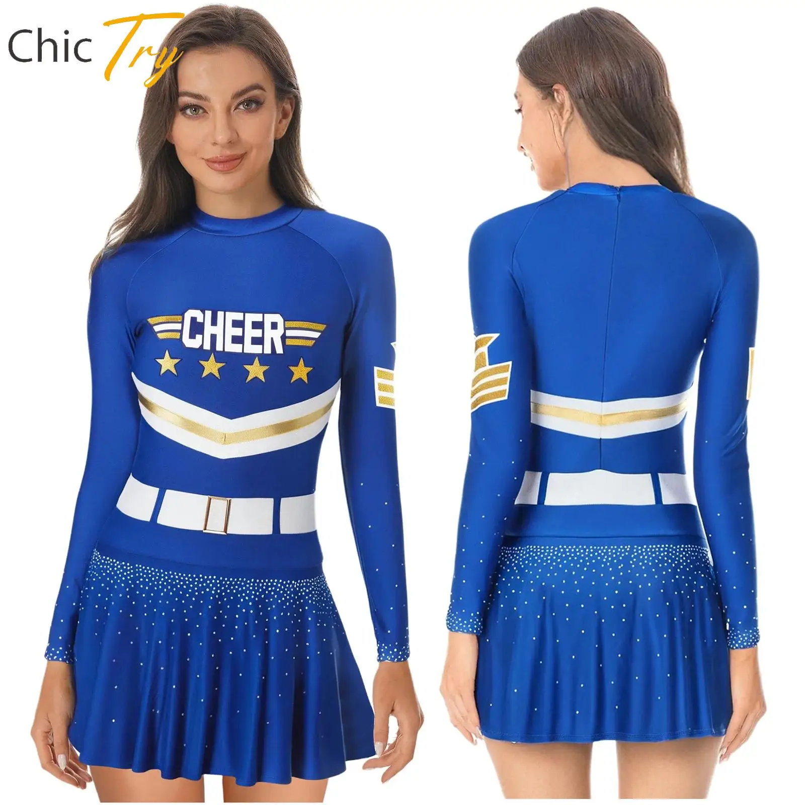 

Long Sleeve Glittery Rhinestone Embellished Cheerleading Dress Uniform Outfit Halloween Themed Party Fashion Costume for Womens