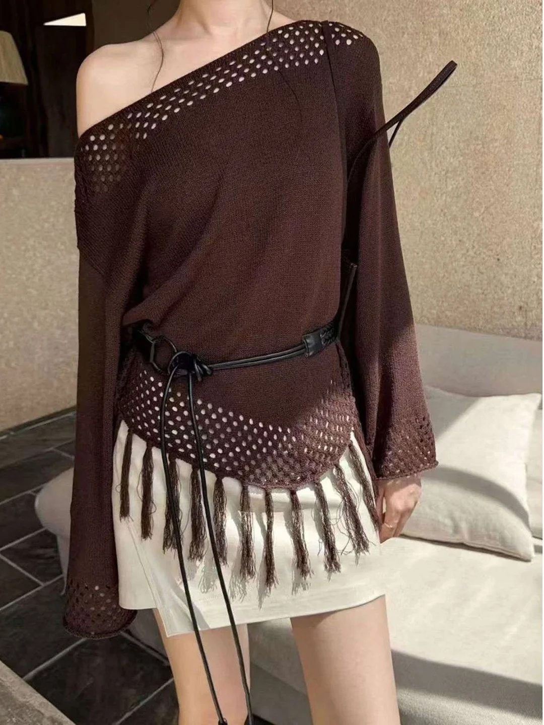 

Elegant Loose Women's Knitted Sun Protection Shoulder Bared Air Conditioned Top Casual Style Spring Summer New Arrival Coffee...