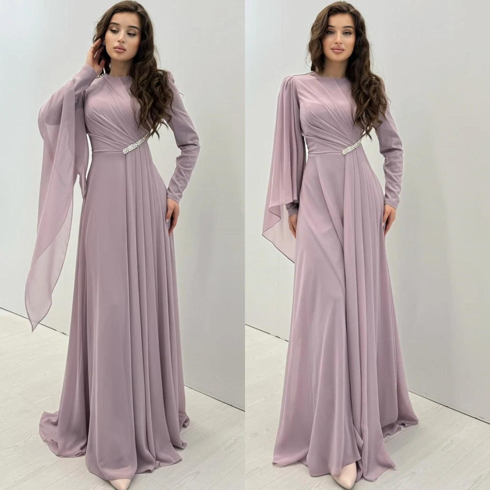 

Customized Exquisite Chiffon O-Neck Evening Dress Delicate Long Sleeves Prom Dresses Luxury Sweep Train Special Occasion Gowns